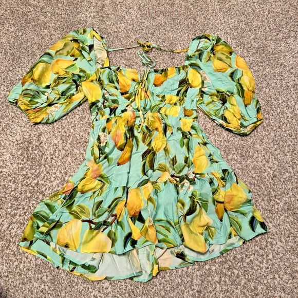 Farm Rio Large Green Lemon Tree Open Back Balloon Sleeve Romper Viscose‎ New - Picture 1 of 9